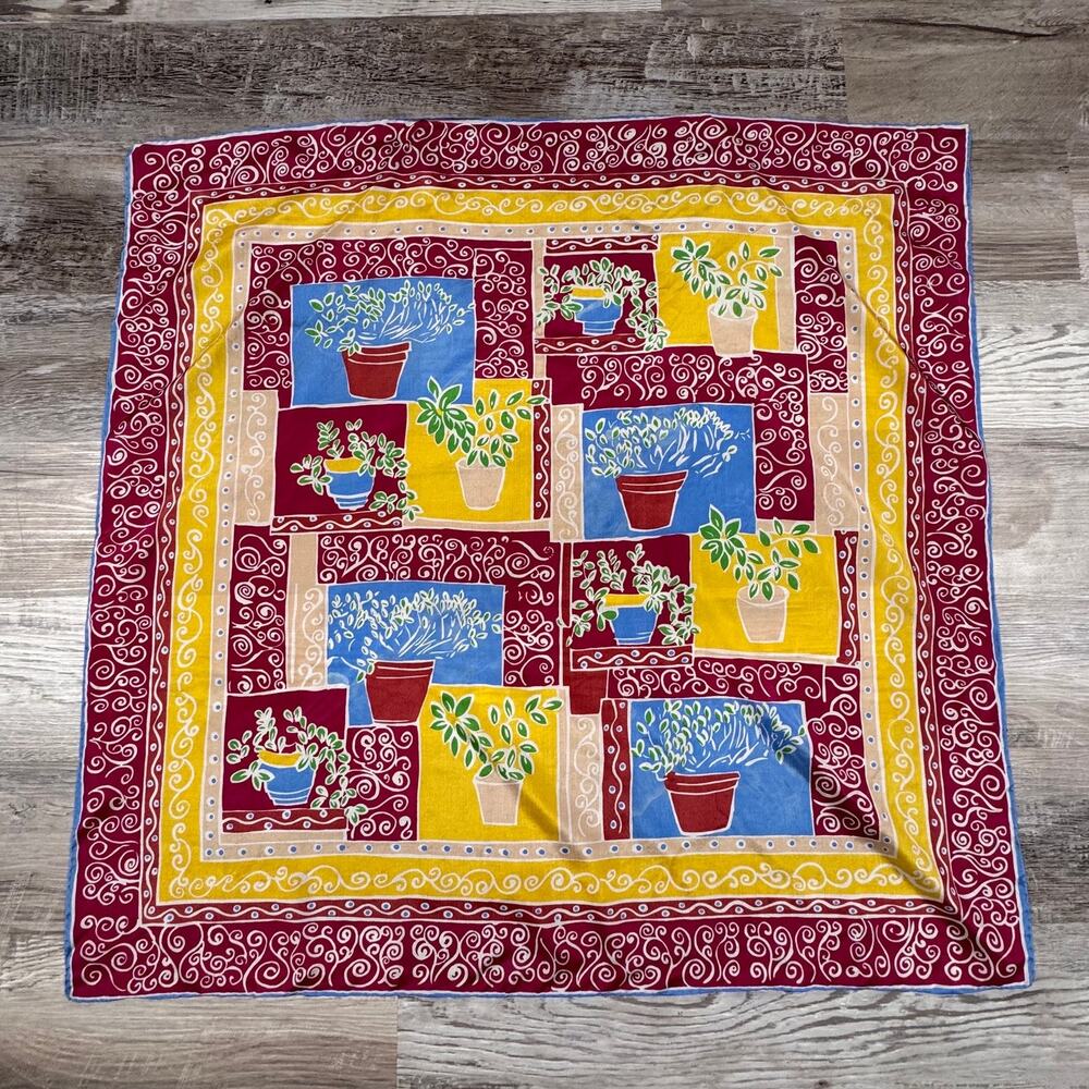 Vintage 90s Botanical Garden Scarf Potted Herbs Floral Cottagecore Square